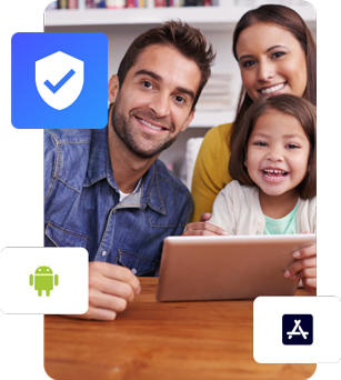 Three people looking at a tablet with security and app icons floating above them.