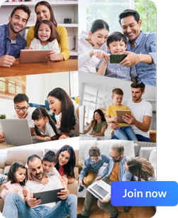 A collage of people using technology devices with a blue “Join Now” button in the bottom right corner.